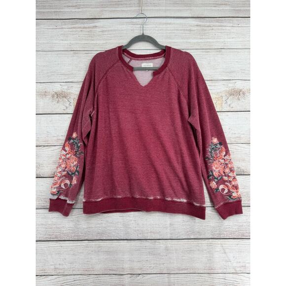 Lucky Brand Floral Embroidered Split Crewneck Sweatshirt Womens XL Red Pink - Picture 1 of 11
